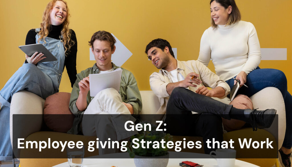 Gen Z corporate employees discussing about workplace giving